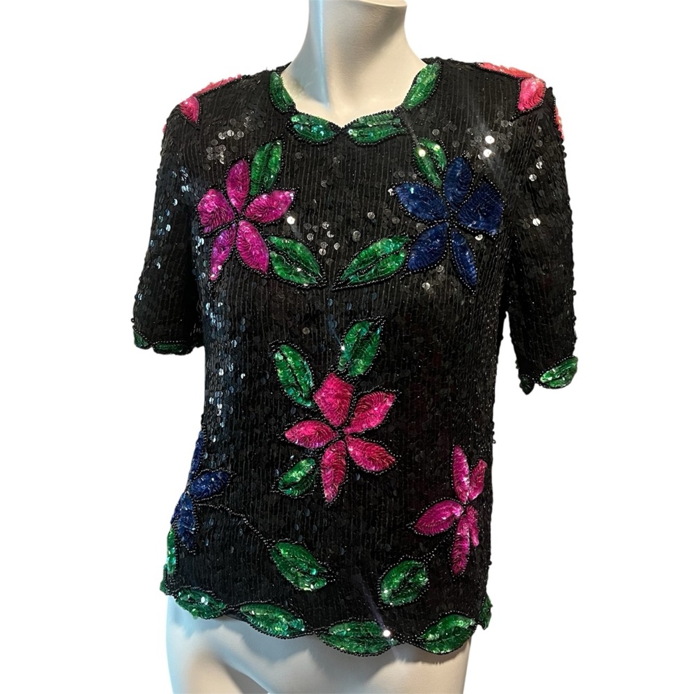 Vintage 80s Stenay black sequin and beaded floral silk blouse